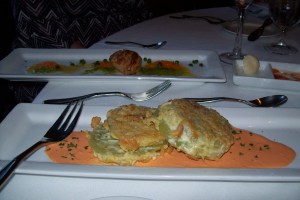 Fried green tomatoes and smoked scallop appetizers